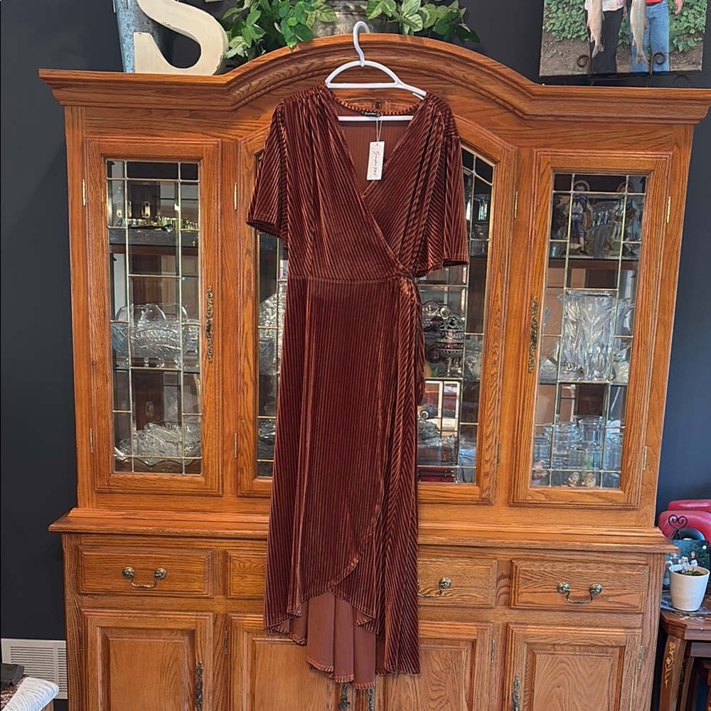Simplee Apparel Velvet High Low Dress in Rich Copper Brown 4 XL